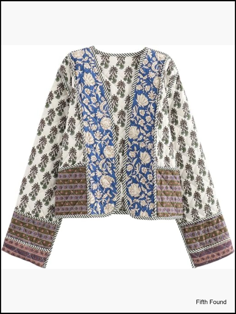 Cropped Quilted Puffer Jacket Lightweight Floral Open Front